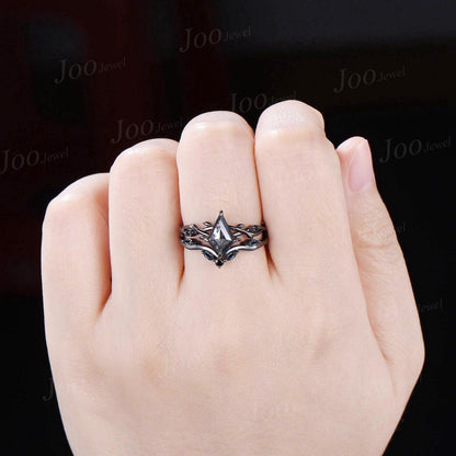 Antique Kite Cut Natural Salt and Pepper Diamond Engagement Ring Twig Vine Kite Diamond Wedding Ring Kite Bridal Set Gothic Black Ring Set
