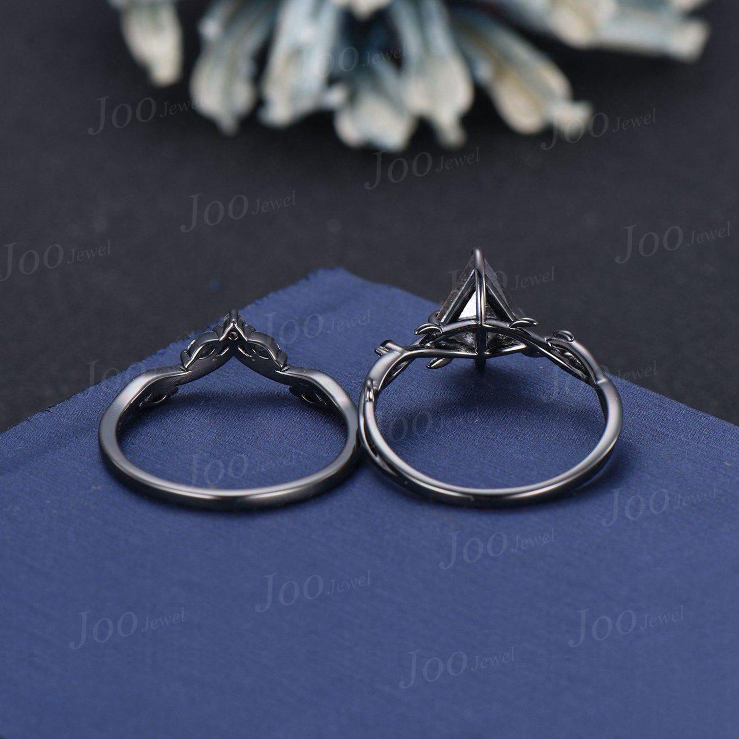 Antique Kite Cut Natural Salt and Pepper Diamond Engagement Ring Twig Vine Kite Diamond Wedding Ring Kite Bridal Set Gothic Black Ring Set