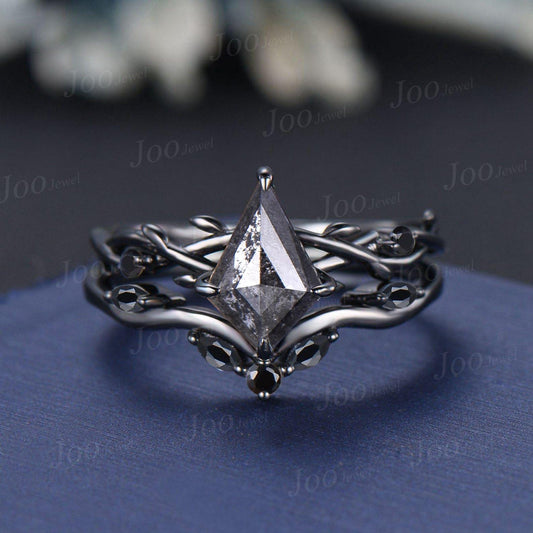 Antique Kite Cut Natural Salt and Pepper Diamond Engagement Ring Twig Vine Kite Diamond Wedding Ring Kite Bridal Set Gothic Black Ring Set