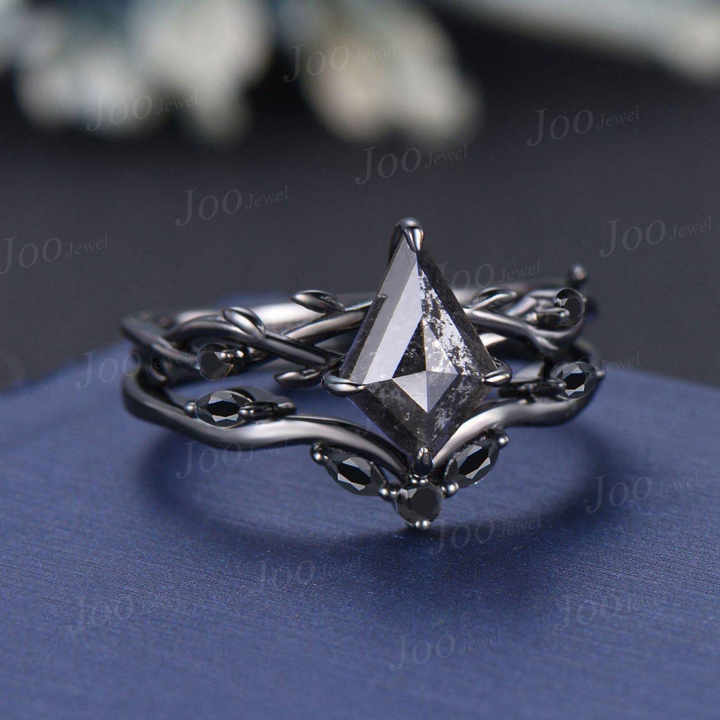 Antique Kite Cut Natural Salt and Pepper Diamond Engagement Ring Twig Vine Kite Diamond Wedding Ring Kite Bridal Set Gothic Black Ring Set