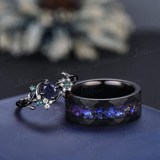 Galaxy Nebula Couple Ring Set Crescent Moon Leaf Vine Pear Cut Blue Goldstone Ring His and Hers Wedding Band Tungsten Matching Ring for Men