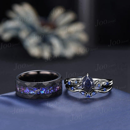 2pcs Galaxy Nebula Couple Ring Set Nature Inspired Pear Blue Sandstone Ring His and Hers Foil Wedding Ring Mens Black Tungsten Matching Ring