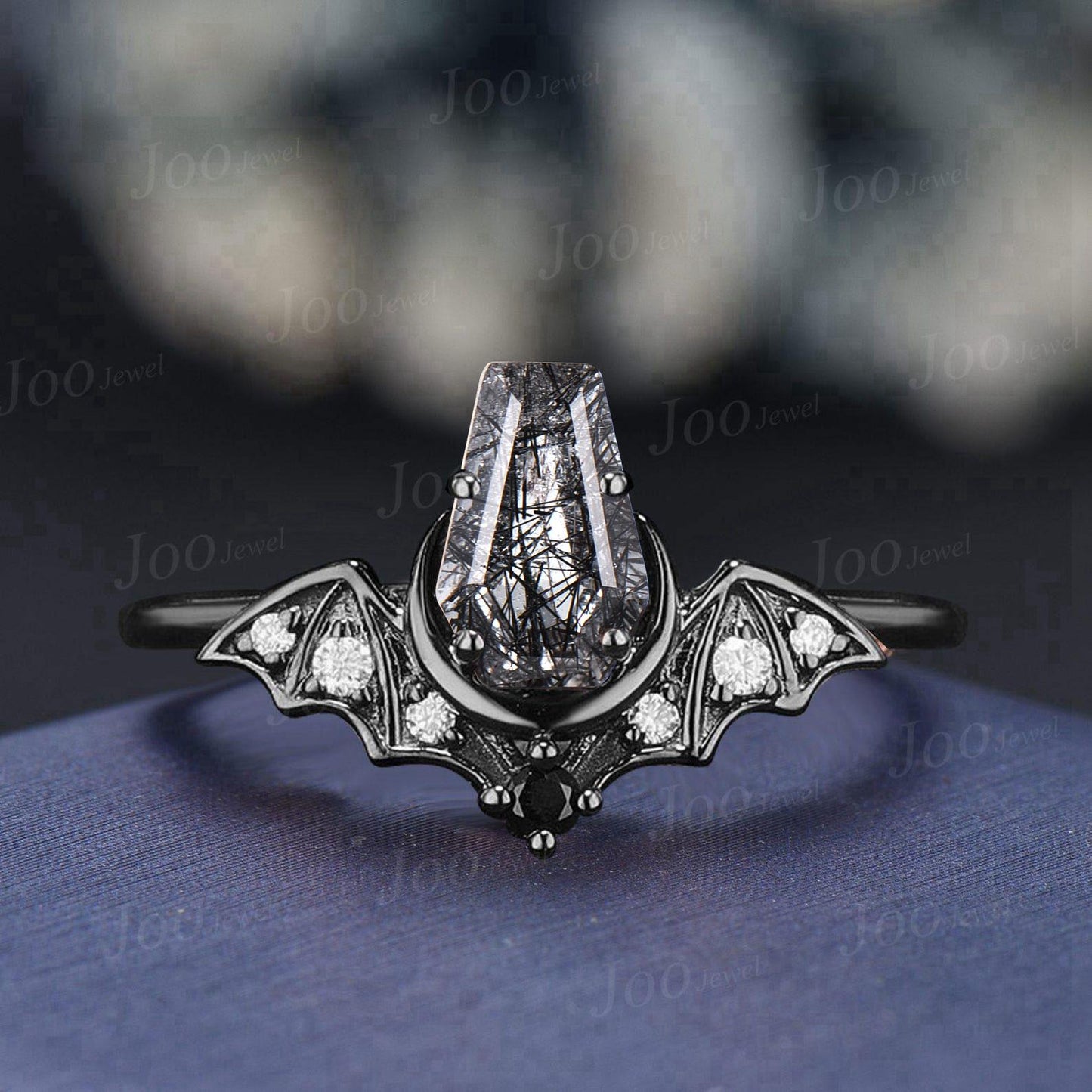 Coffin Bat Engagement Rings Retro Coffin Moon Natural Black Rutilated Quartz Wedding Ring Set Non-Traditional Black Gold Bridal Set Women