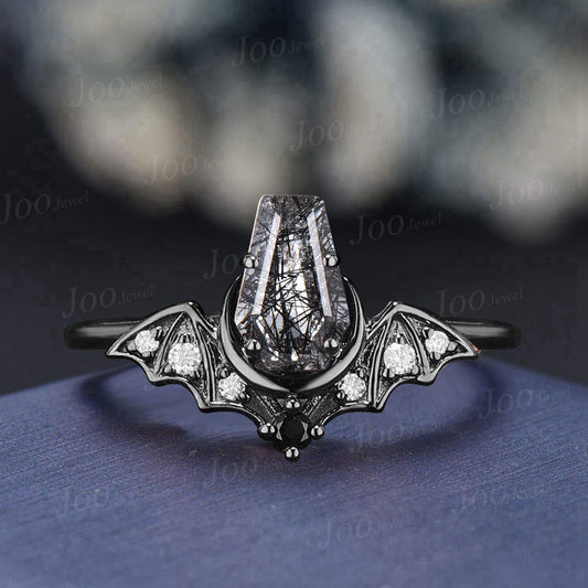 Coffin Bat Engagement Rings Retro Coffin Moon Natural Black Rutilated Quartz Wedding Ring Set Non-Traditional Black Gold Bridal Set Women