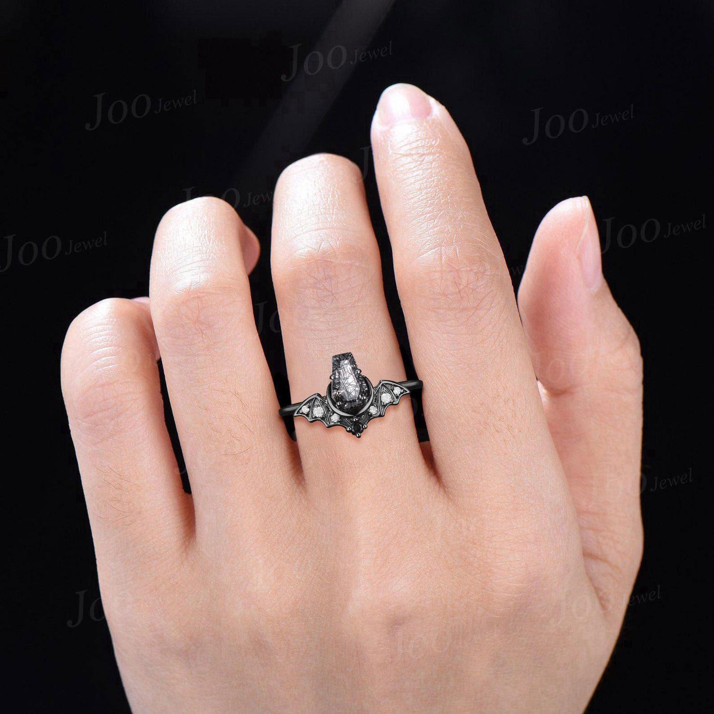 Coffin Bat Engagement Rings Retro Coffin Moon Natural Black Rutilated Quartz Wedding Ring Set Non-Traditional Black Gold Bridal Set Women