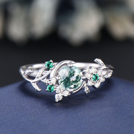 Round Natural Green Moss Agate Ring Crescent Moon Wedding Ring Vintage Leaf Branch Nature Inspired Emerald Cluster Promise Ring for Women