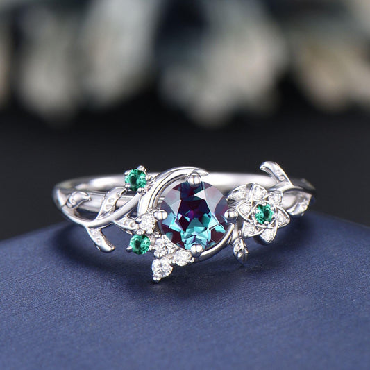 Moon Leaf Alexandrite Ring Sterling Silver Vintage Cluster Emerald Ring Nature Engagement Ring Personalized June Birthstone Gifts For Women