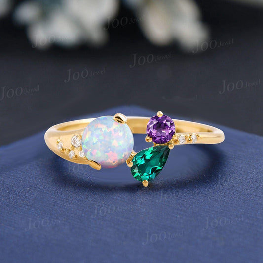 Round Opal Amethyst Emerald Mixed Cut Toi et Moi Birthstone Ring Minimalist Multi-Stone Art Deco Dome Ring Unique Gift for Friend/Family/Mom