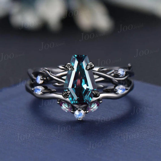 Gothic Bridal Ring Coffin Cut Color-Change Alexandrite Moonstone Black Engagement Rings Twig Vine Wedding Ring For Goth Gown Wedding Party