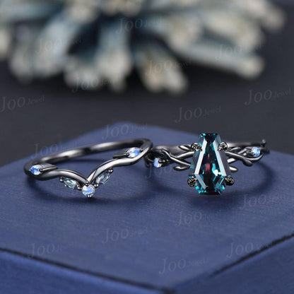Gothic Bridal Ring Coffin Cut Color-Change Alexandrite Moonstone Black Engagement Rings Twig Vine Wedding Ring For Goth Gown Wedding Party