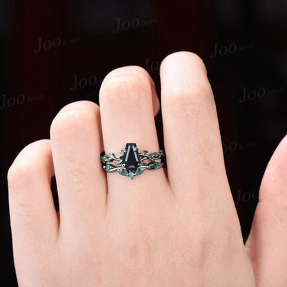 Coffin Cut Genuine Black Onyx Gothic Engagement Ring for Women Vintage Black Gold Ring Emerald Wedding Ring Twig Vine Bridal Promise Rings