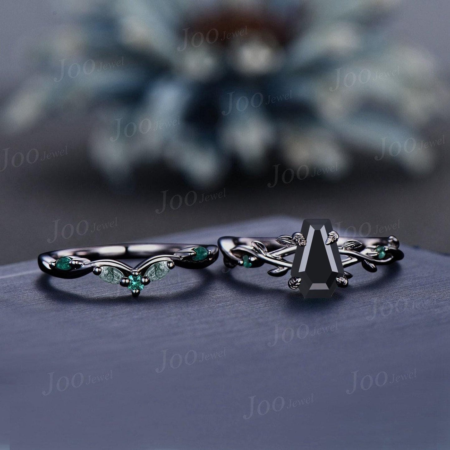 Coffin Cut Genuine Black Onyx Gothic Engagement Ring for Women Vintage Black Gold Ring Emerald Wedding Ring Twig Vine Bridal Promise Rings