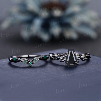 Coffin Cut Genuine Black Onyx Gothic Engagement Ring for Women Vintage Black Gold Ring Emerald Wedding Ring Twig Vine Bridal Promise Rings