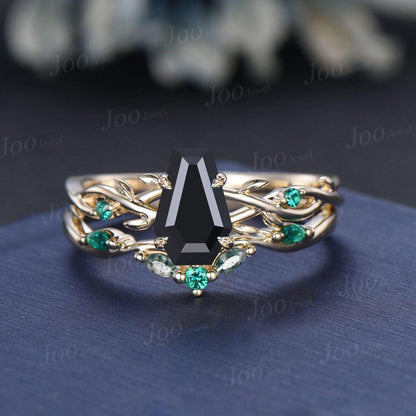 Coffin Cut Genuine Black Onyx Gothic Engagement Ring for Women Vintage Black Gold Ring Emerald Wedding Ring Twig Vine Bridal Promise Rings