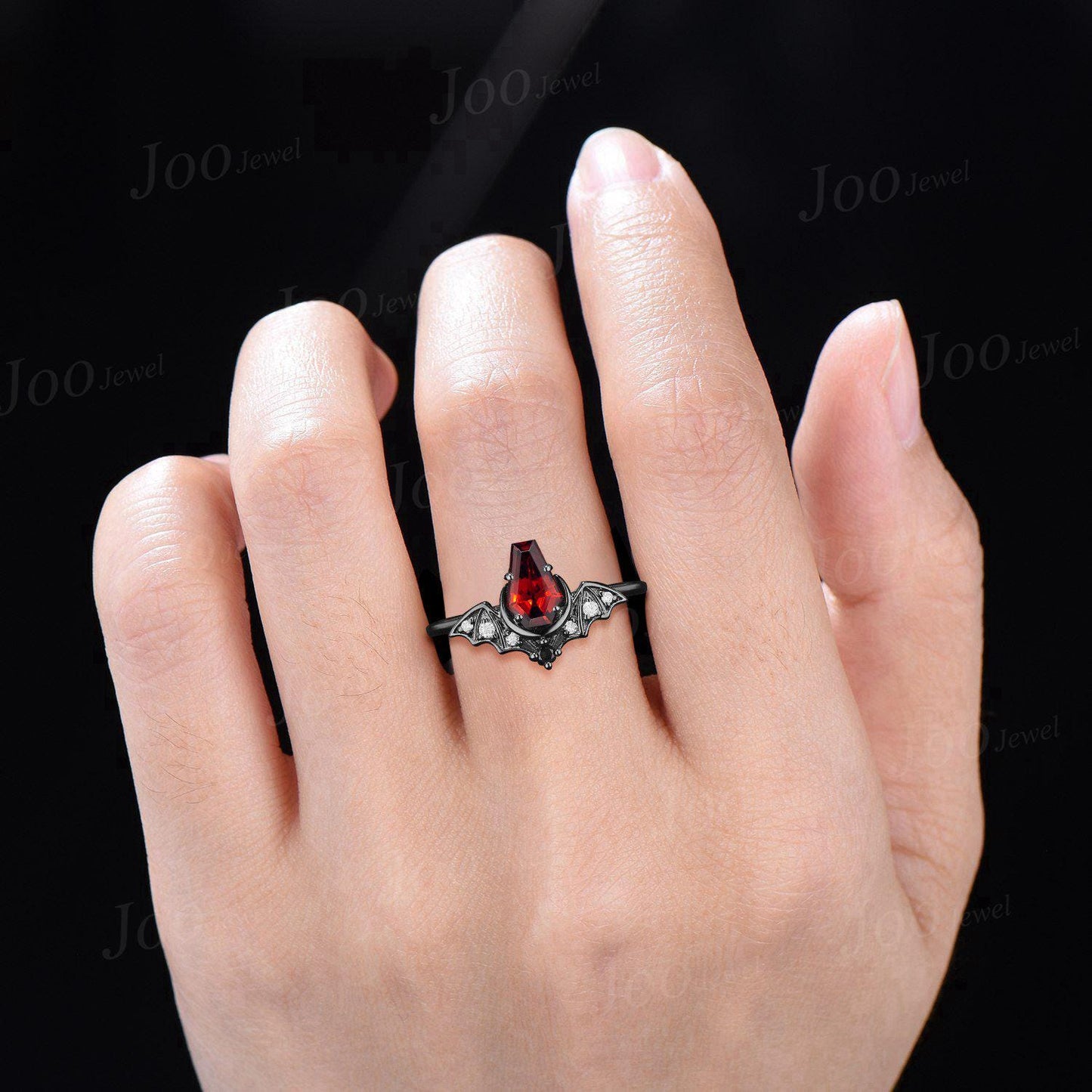 Coffin Shaped Natural Garnet Bat Engagement Rings Set 14K Black Gold Retro Coffin Moon Wedding Ring Set HipHop Punk January Birthstone Gift
