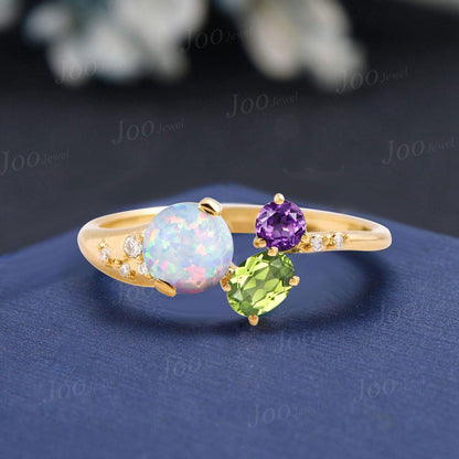 Round Opal Amethyst Peridot Toi et Moi Birthstone Ring Dainty Multi-Stone Wedding Ring Art Deco Dome Ring Unique Gifts for Friend/Family/Mom