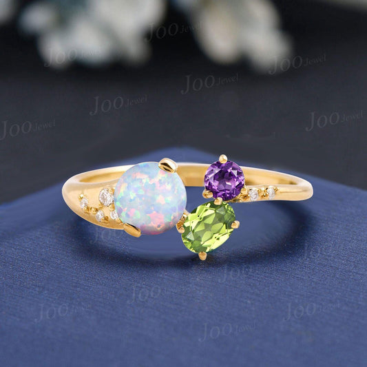 Round Opal Amethyst Peridot Toi et Moi Birthstone Ring Dainty Multi-Stone Wedding Ring Art Deco Dome Ring Unique Gifts for Friend/Family/Mom