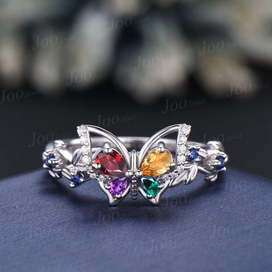 Nature Inspired Teardrop Ruby Citrine Butterfly Wedding Ring 14K White Gold Multi-Birthstone Ring Unique Mom Family Dainty Ring For Grandmas
