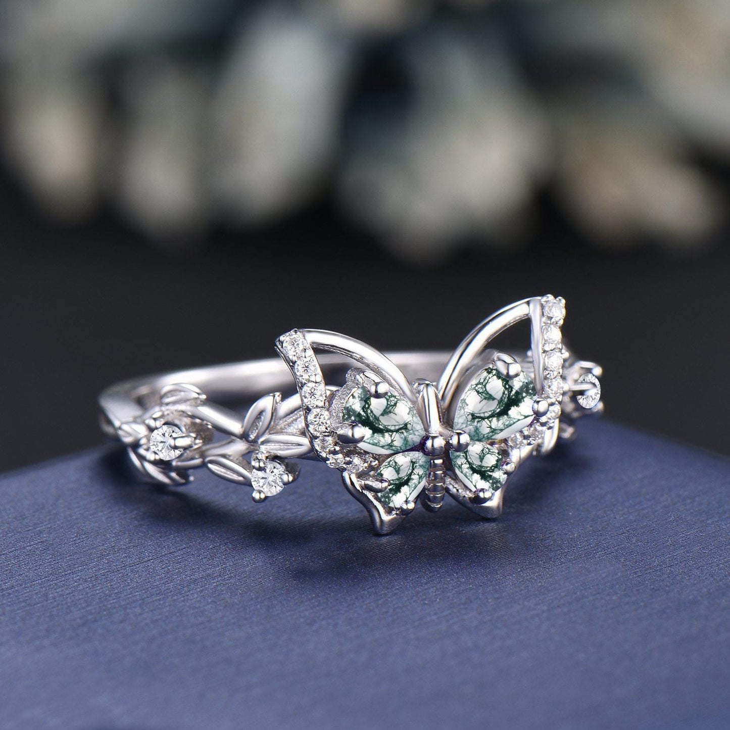 Natural Green Moss Agate Butterfly Engagement Ring Pear Moss Agate Wedding Ring Fantasy Leaf Vine Bridal Set Butterfly Nature Wedding rings