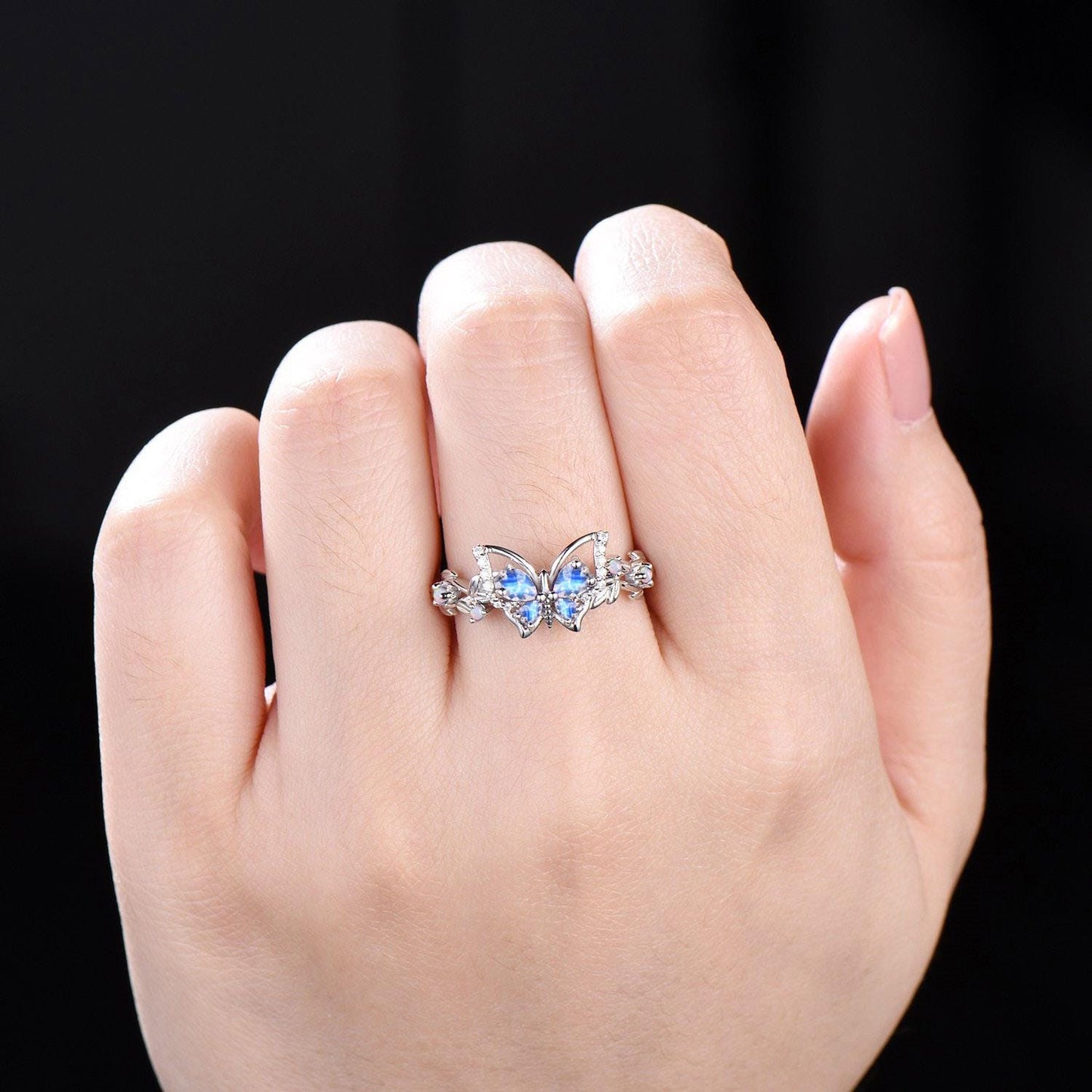 Teardrop Cut Natural Moonstone Butterfly Wedding Ring Vintage 14K White Gold Leaf Vine Twisted Opal Band June Birthstone Gifts For Women