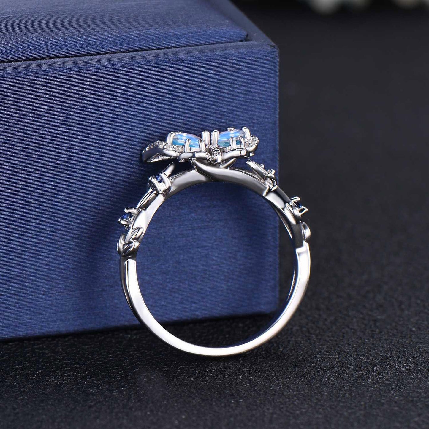 Teardrop Cut Natural Moonstone Butterfly Wedding Ring Vintage 14K White Gold Leaf Vine Twisted Opal Band June Birthstone Gifts For Women