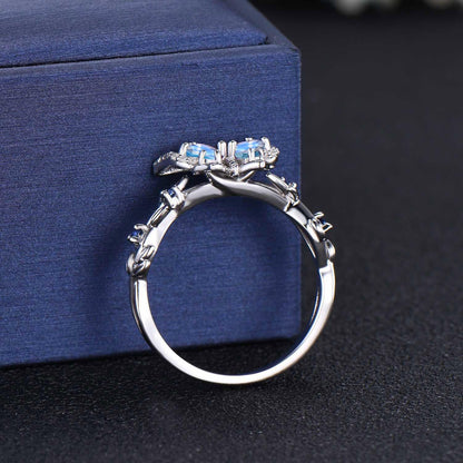 Teardrop Cut Natural Moonstone Butterfly Wedding Ring Vintage 14K White Gold Leaf Vine Twisted Opal Band June Birthstone Gifts For Women