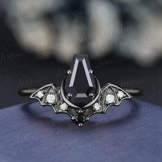Coffin Cut Genuine Black Onyx Bat Moon Engagement Ring for Women Vintage Black Retro Gothic Wedding Ring Healing Gemstone Halloween Jewelry