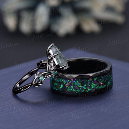 Nature Inspired Natural Kite Moss Agate Emerald Matching Couple Promise Ring Set Gothic Wedding Ring Men Women Black Tungsten Wedding Band