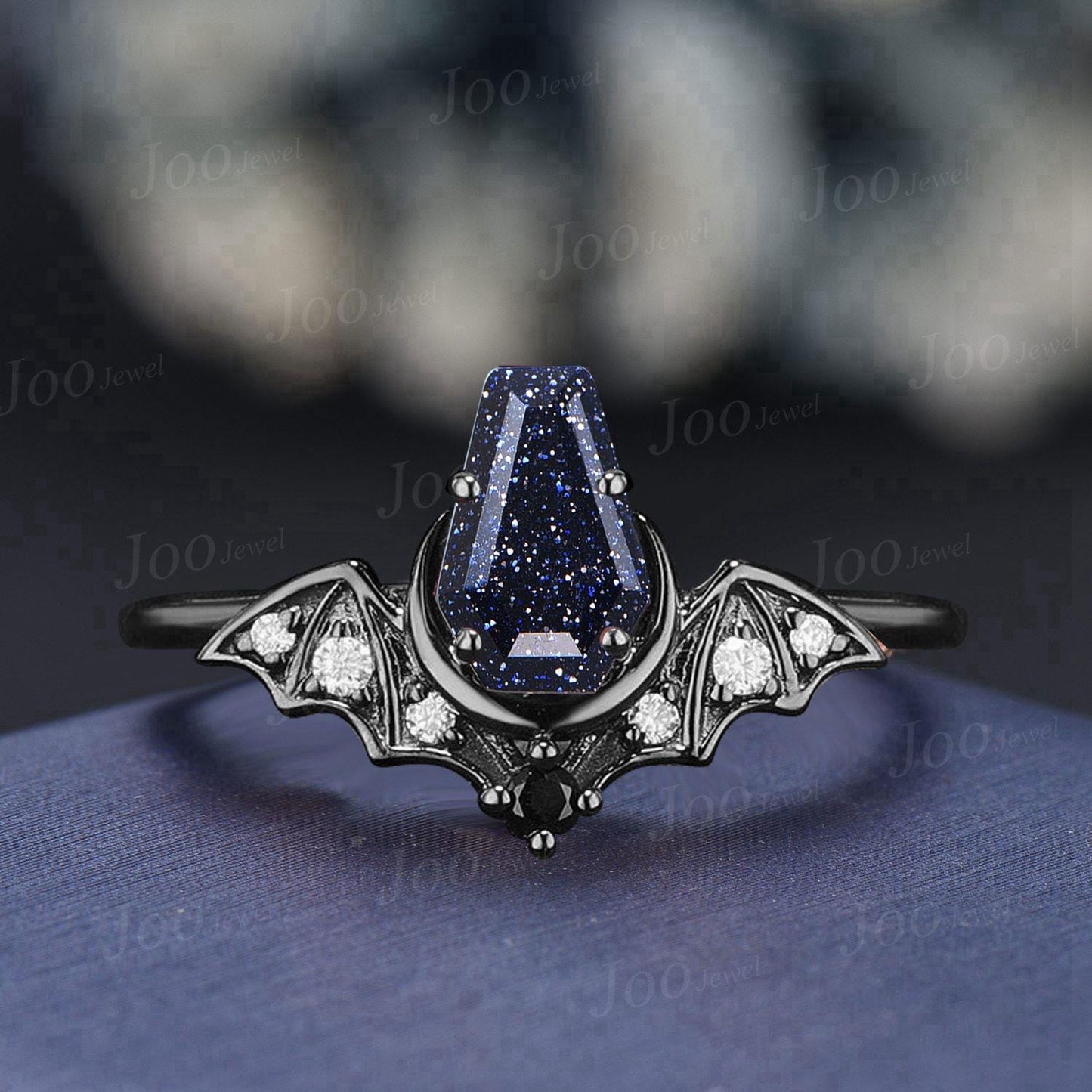 Coffin Cut Galaxy Starry Night Blue Sandstone Amethyst Bridal Ring Unique Blue Goldstone Black Gold Retro Bat Wing Wedding Ring for Women
