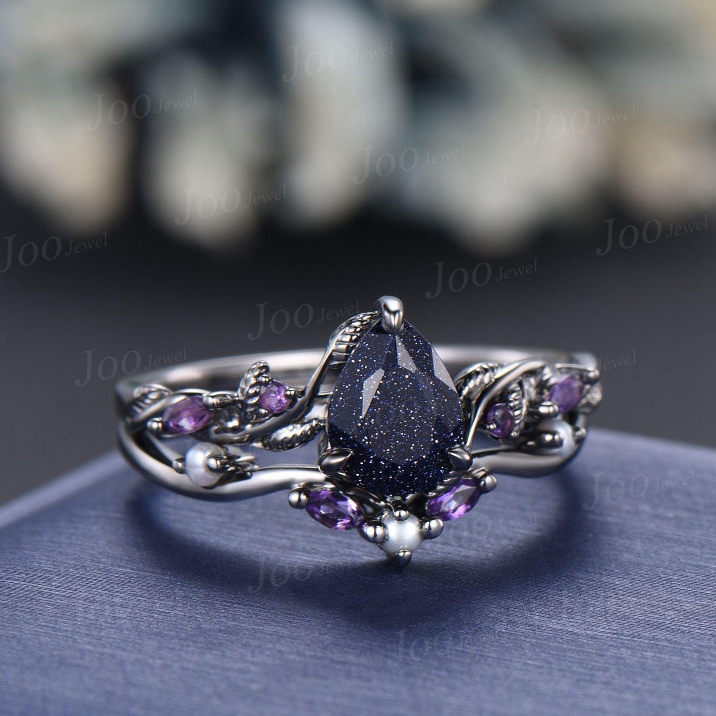 Nature Inspired Pear Galaxy Blue Sandstone Pearl Bridal Set 14k black gold Unique Twig Vine Teardrop Blue Stone Engagement Ring Ring Women