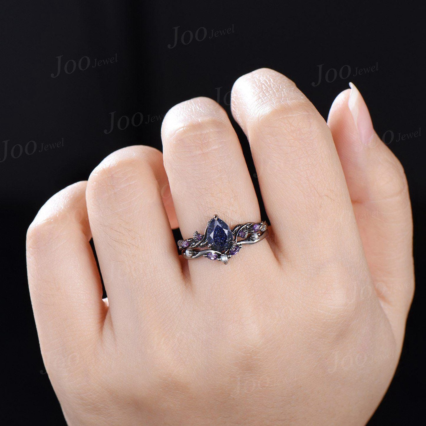 Nature Inspired Pear Galaxy Blue Sandstone Pearl Bridal Set 14k black gold Unique Twig Vine Teardrop Blue Stone Engagement Ring Ring Women