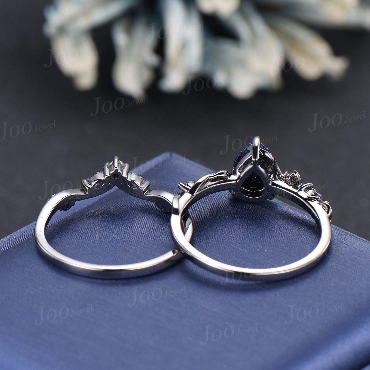 Nature Inspired Pear Galaxy Blue Sandstone Pearl Bridal Set 14k black gold Unique Twig Vine Teardrop Blue Stone Engagement Ring Ring Women