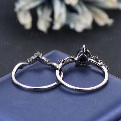 Nature Inspired Pear Galaxy Blue Sandstone Pearl Bridal Set 14k black gold Unique Twig Vine Teardrop Blue Stone Engagement Ring Ring Women