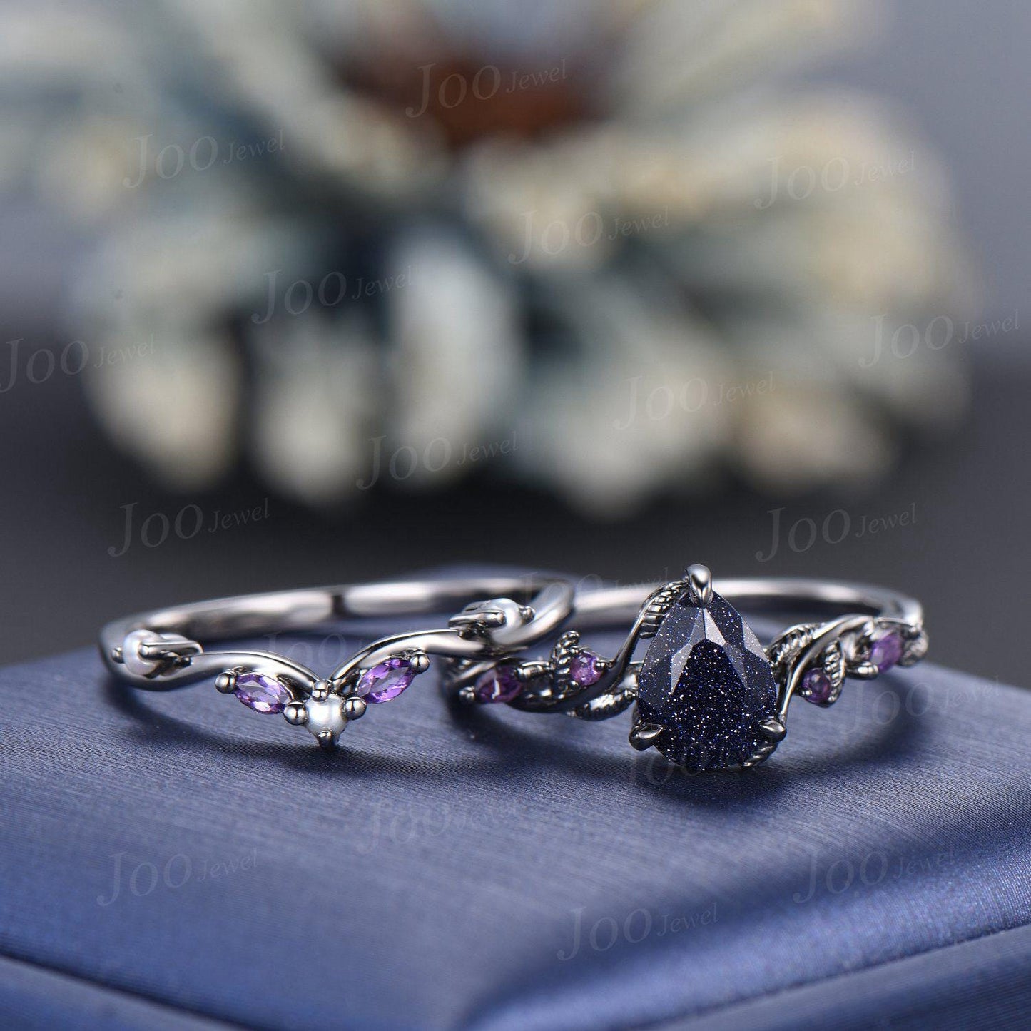Nature Inspired Pear Galaxy Blue Sandstone Pearl Bridal Set 14k black gold Unique Twig Vine Teardrop Blue Stone Engagement Ring Ring Women