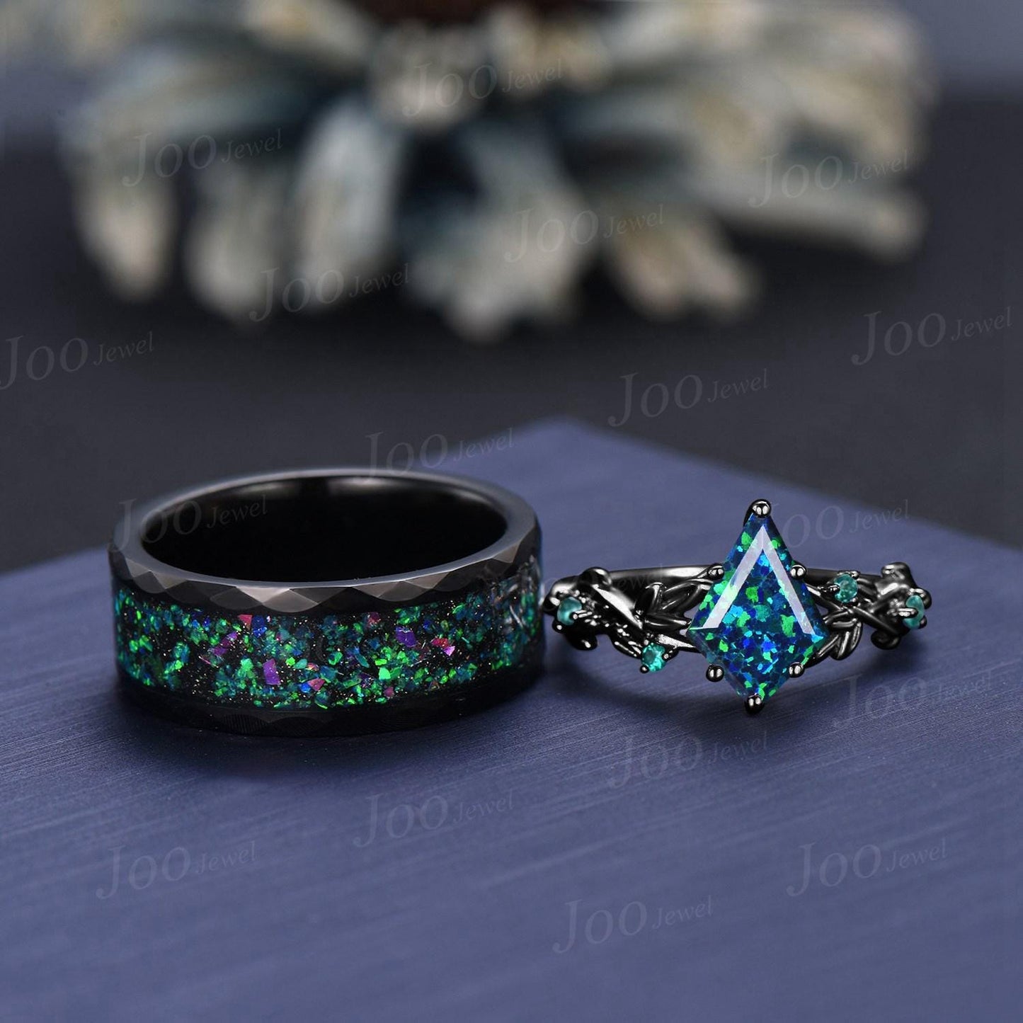 Black Opal Leaf Couples Ring Set -Men Tungsten Wedding Band-His and Hers Gothic Wedding Ring - Vintage Matching Nature Inspired Promise Ring