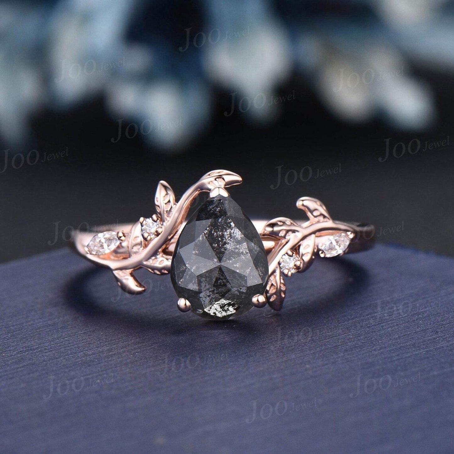 1.25ct Pear Cut Natural Salt and Pepper Diamond Wedding Ring | Nature-Inspired Leaf Band | Unique Rustic Engagement Ring Teardrop Bridal Set