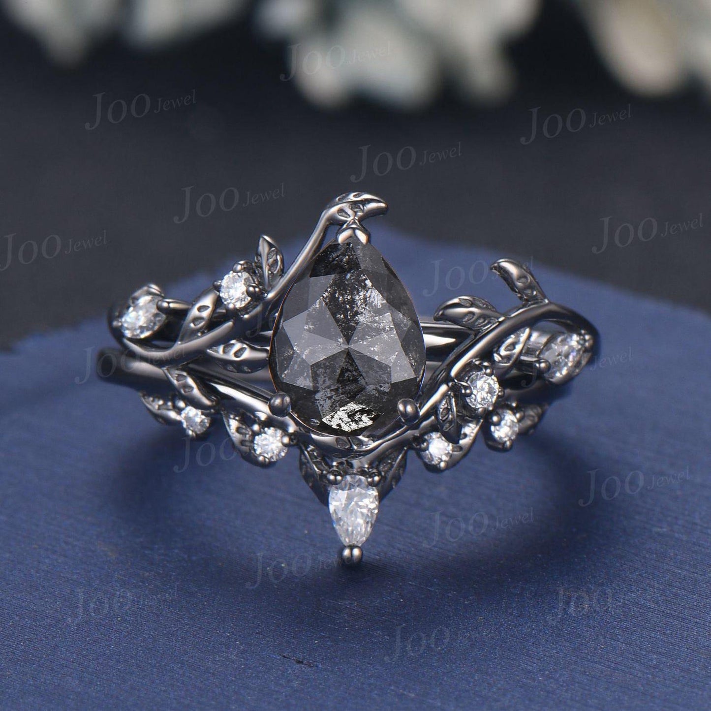 1.25ct Pear Cut Natural Salt and Pepper Diamond Wedding Ring | Nature-Inspired Leaf Band | Unique Rustic Engagement Ring Teardrop Bridal Set