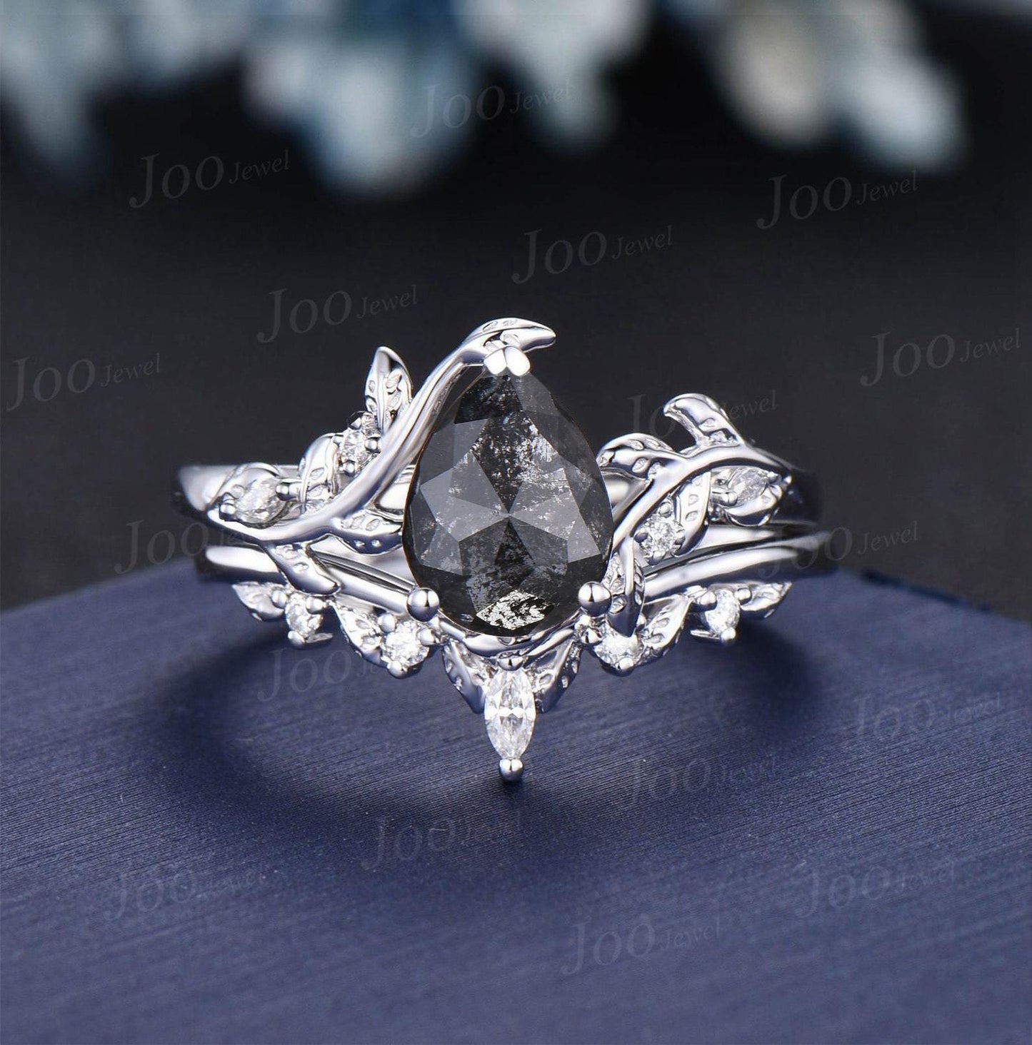 1.25ct Pear Cut Natural Salt and Pepper Diamond Wedding Ring | Nature-Inspired Leaf Band | Unique Rustic Engagement Ring Teardrop Bridal Set