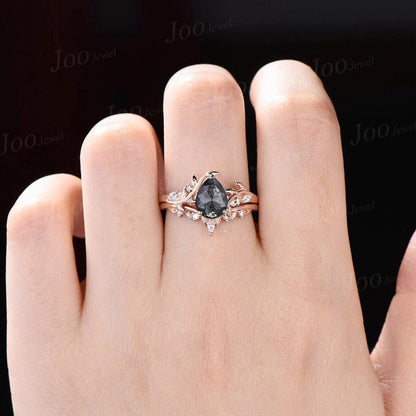 1.25ct Pear Cut Natural Salt and Pepper Diamond Wedding Ring | Nature-Inspired Leaf Band | Unique Rustic Engagement Ring Teardrop Bridal Set