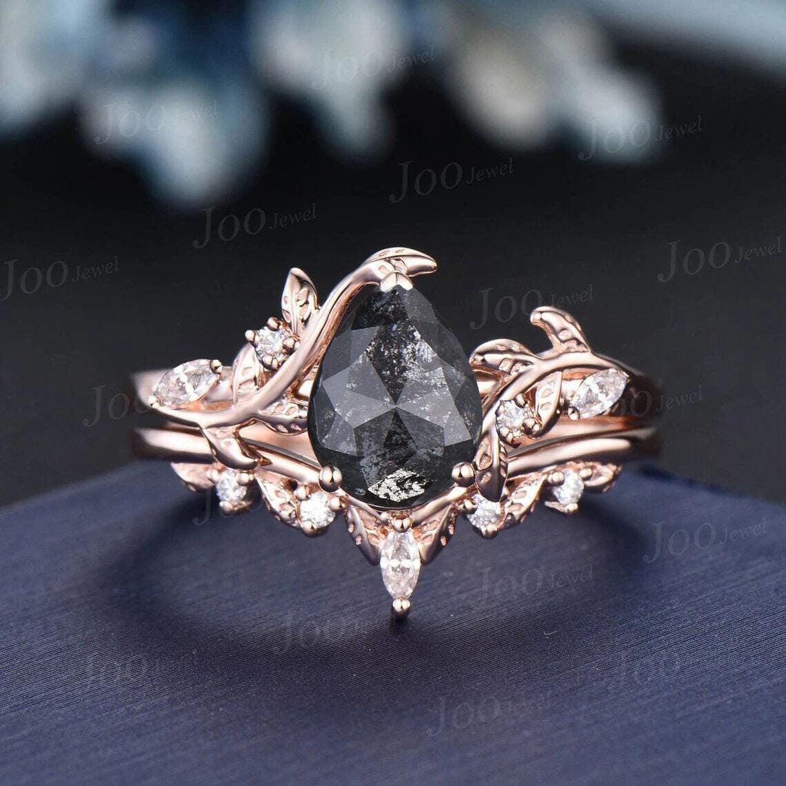 1.25ct Pear Cut Natural Salt and Pepper Diamond Wedding Ring | Nature-Inspired Leaf Band | Unique Rustic Engagement Ring Teardrop Bridal Set
