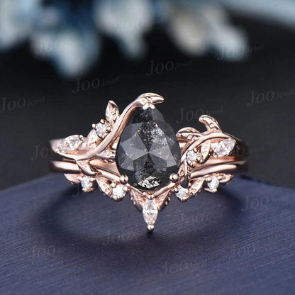1.25ct Pear Cut Natural Salt and Pepper Diamond Wedding Ring | Nature-Inspired Leaf Band | Unique Rustic Engagement Ring Teardrop Bridal Set