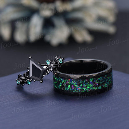 Natural Kite Black Onyx Tungsten Wedding Ring Set Men Green Emerald Couple Promise Rings Marriage Anniversary Gift Outer Space Galaxy Band