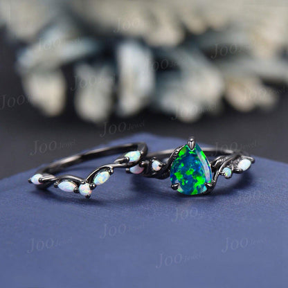 1.25ct Pear Black Opal Wedding Ring Set 10K Black Gold Branch Vine Black Engagement Ring Antique Fire Opal Ring for Women Black Bridal Ring