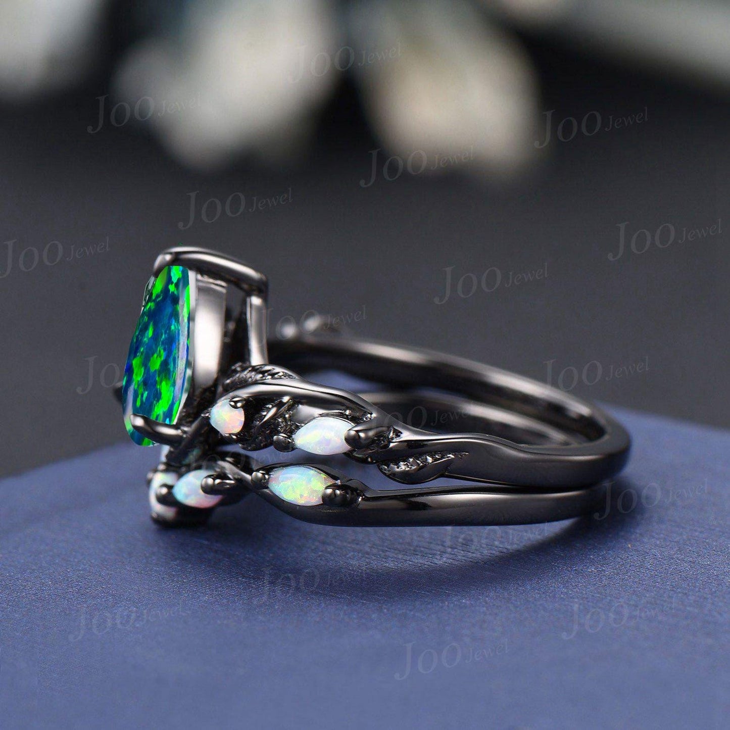 1.25ct Pear Black Opal Wedding Ring Set 10K Black Gold Branch Vine Black Engagement Ring Antique Fire Opal Ring for Women Black Bridal Ring