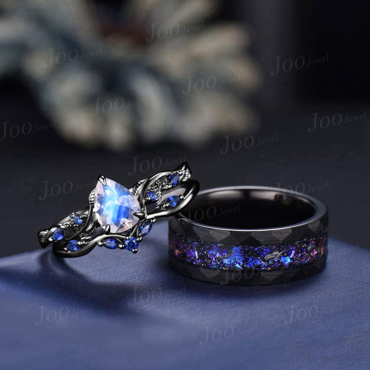 Black Ceramic Tungsten Band For Men, Black Wedding Ring Set, Natural Pear Blue Moonstone Sapphire Sterling Silver ring, Couple Promise Rings