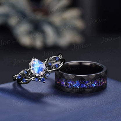 Black Ceramic Tungsten Band For Men, Black Wedding Ring Set, Natural Pear Blue Moonstone Sapphire Sterling Silver ring, Couple Promise Rings