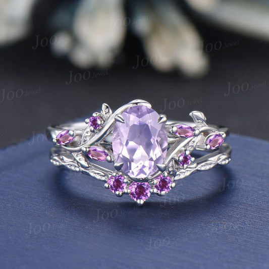 1.5ct Nature Inspired Oval Cut Natural Lavender Amethyst Bridal Set Sterling Silver Branch Leaf Vine Amethyst Ring Set Art Deco Cluster Ring