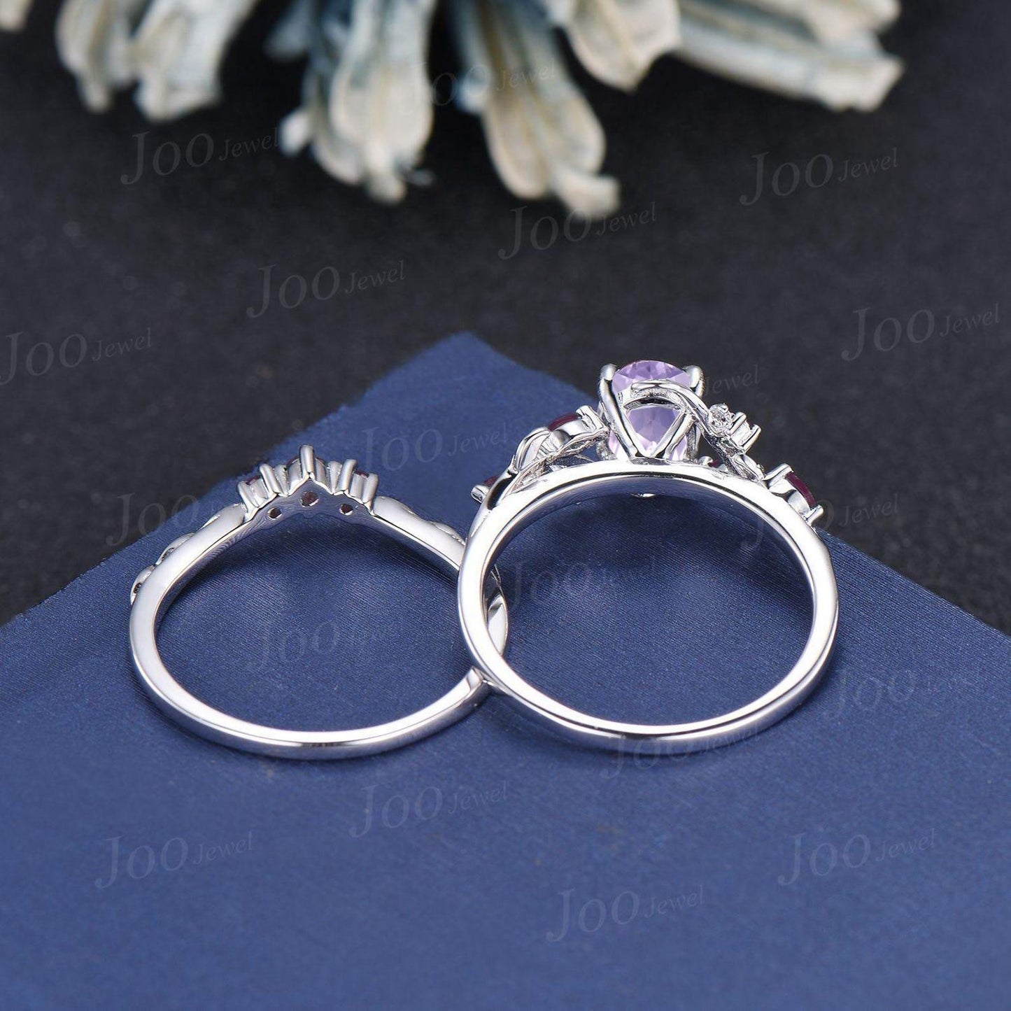 1.5ct Nature Inspired Oval Cut Natural Lavender Amethyst Bridal Set Sterling Silver Branch Leaf Vine Amethyst Ring Set Art Deco Cluster Ring