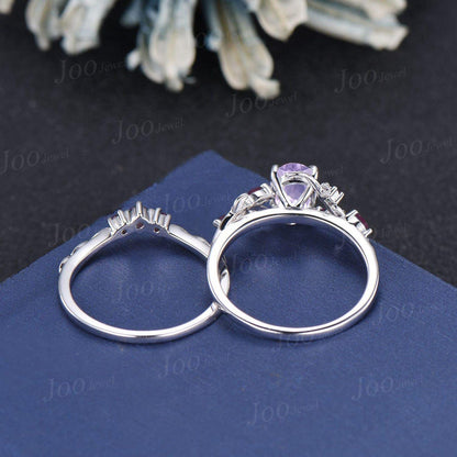 1.5ct Nature Inspired Oval Cut Natural Lavender Amethyst Bridal Set Sterling Silver Branch Leaf Vine Amethyst Ring Set Art Deco Cluster Ring