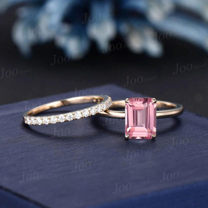 2ct Emerald Cut Pink Sapphire Hidden Halo Engagement Ring Solid 10K Gold Padparadscha Solitaire Wedding Bridal Ring Romantic Promise Gifts